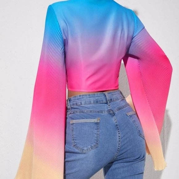 RAINBOW Print Knot Front Flounce Sleeve Top - Picture 3 of 7